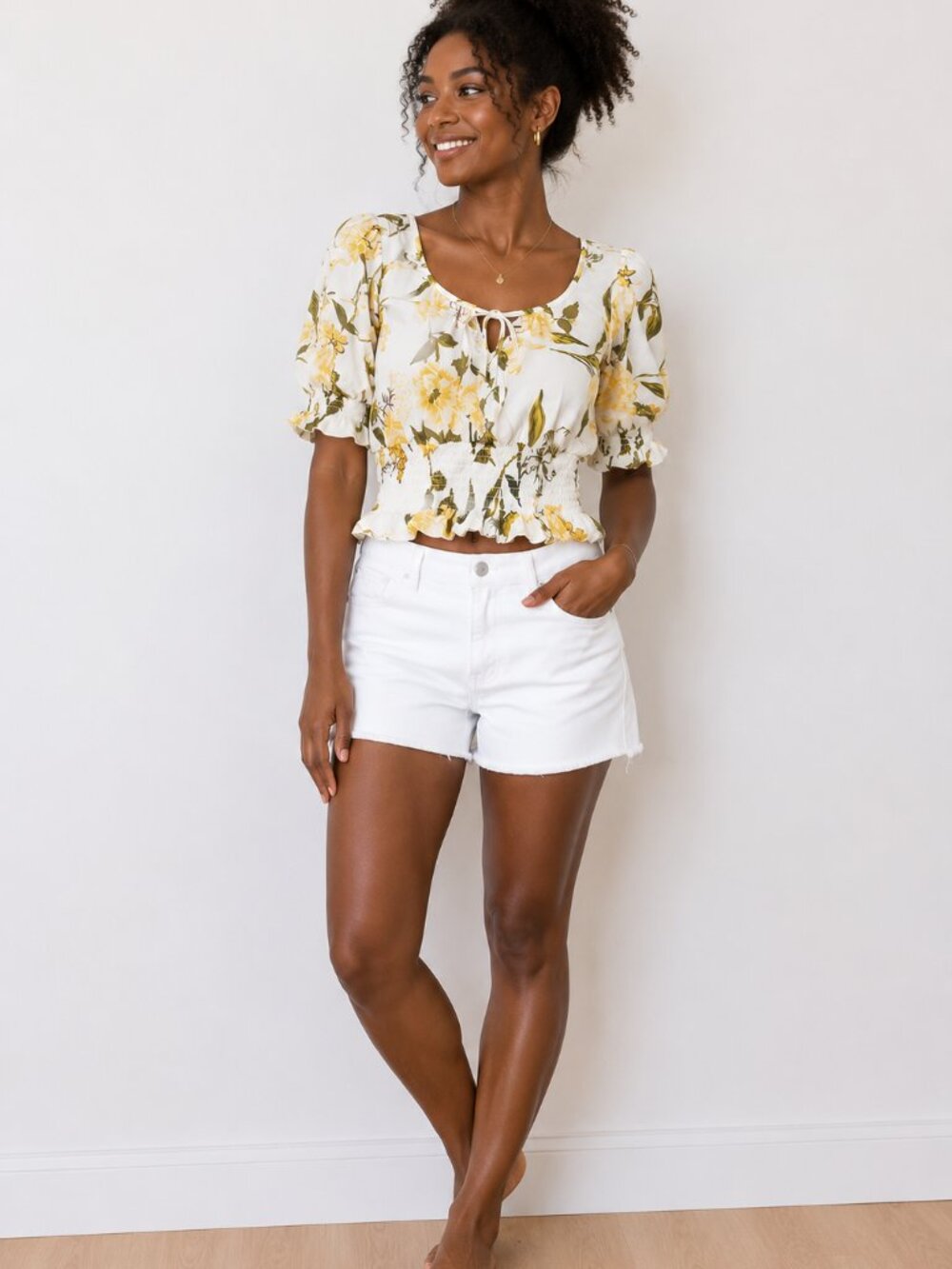 BB Dakota by Steve Madden Yellow & Green Floral Puff Sleeve Top - Cotton